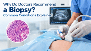 Doctor performing an ultrasound-guided biopsy procedure with a tissue sample illustration.